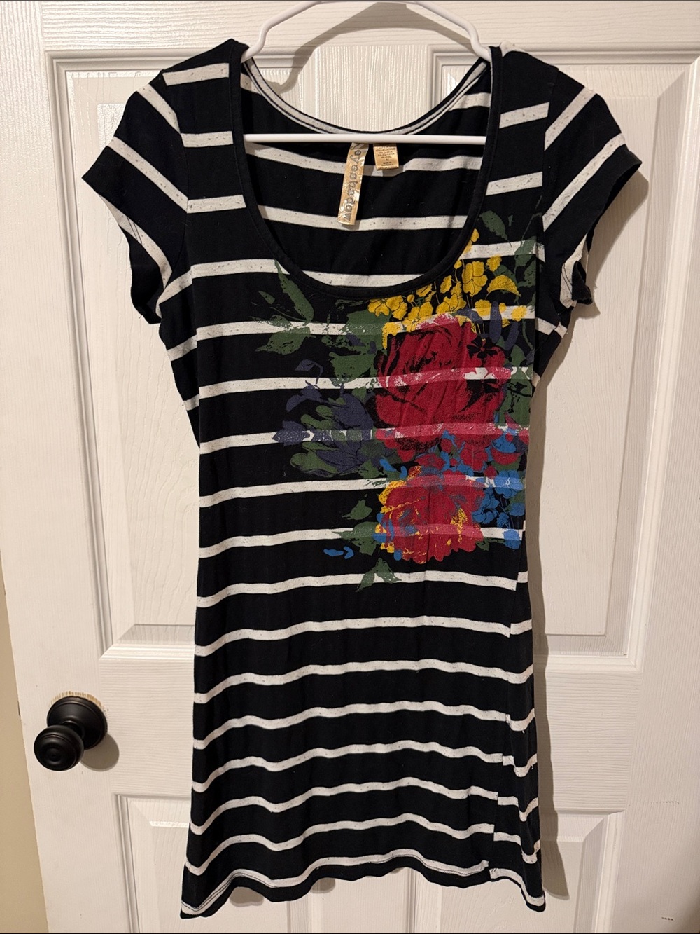 Black & White Striped Floral Scoop-Neck Women's Mini Dress